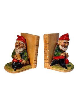 Vintage Irish Gnome Bookends Leprechaun Hand Painted Ceramic Folk Lore 3.5" Tall